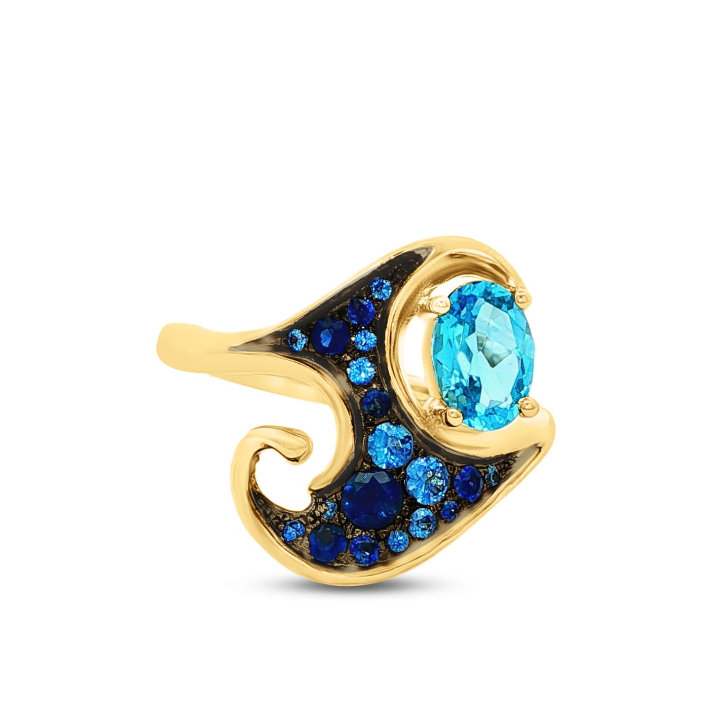 14k 16mm wide wave ring with 19 blue sapphires 0.58ct & 1 BT 1.00ct