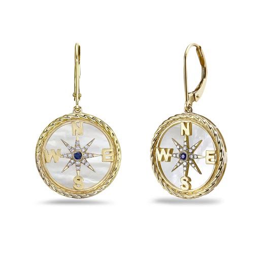 14K 17.5 MM COMPASS ROSE EARRINGS WITH 32 DIAMONDS 0.12CT , 2 BLUE SAPPHIRES 0.04CT & INLAID MOTHER OF PEARL WITH WIRE CLIPS