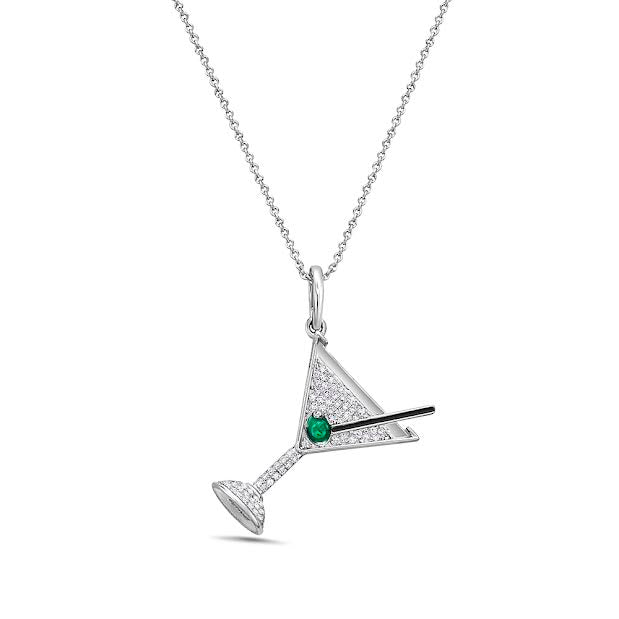 14K OLIVE MARTINI GLASS PENDANT 19X16MM WITH 103 DIAMONDS 0.46CT & GREEN ENAMEL OLIVE ON 18 INCHES CABLE CHAIN