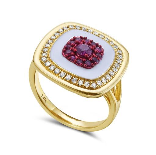 14K14MM CUSHION SHAPE RING WITH 36 DIAMONDS 0.18CT , 13 PINK SAPPHIRES 0.35CT & WHITE ENAMEL