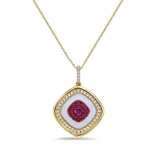 14K 14MM CUSHION SHAPE PENDANT WITH 43 DIAMONDS 0.22CT , 13 PINK SAPPHIRES 0.35CT & WHITE ENAMEL ON 18 INCHES CABLE CHAIN