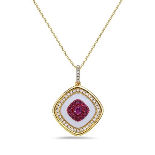 14K 14MM CUSHION SHAPE PENDANT WITH 43 DIAMONDS 0.22CT , 13 PINK SAPPHIRES 0.35CT & WHITE ENAMEL ON 18 INCHES CABLE CHAIN
