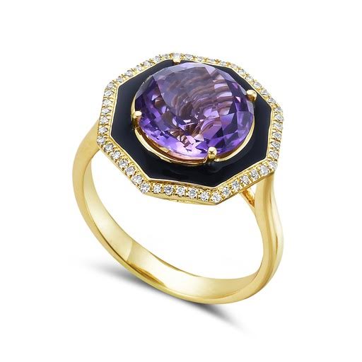 14K 16MM OCTAGON SHAPE RING WITH 48 DIAMONDS 0.14CT, ROUND AMETHYST 3.43CT & BLACK ENAMEL