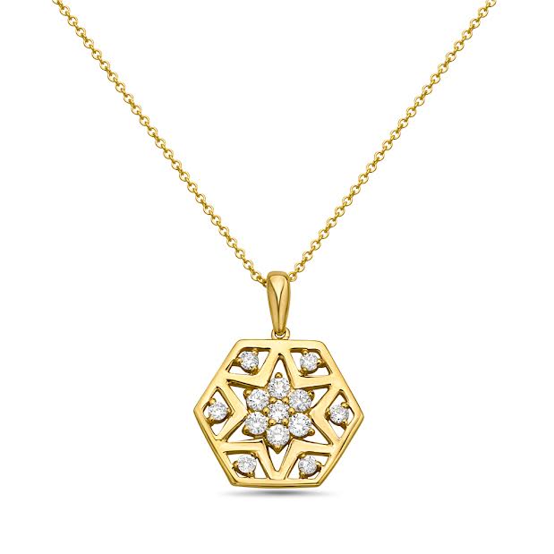 14KY 13 DIAMONDS 0.35CT HEXAGON SHAPE PENDANT 16MM ON 18 INCH CABLE CHAIN