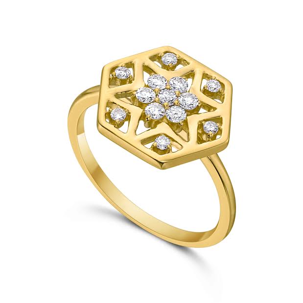 14KY 13 DIAMONDS 0.3CT HEXAGON SHAPE 15MM RING