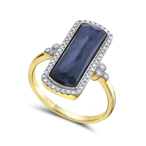 14K 21X9MM RECTANGLE SHAPE BLUE LACE AGATE DOUBLET RING WITH 52 DIAMONDS 0.24CT