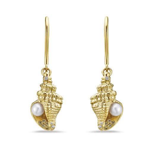 14K 14X8MM SEA SHELL EARRINGS WITH 6 DIAMONDS 0.025CT, 10 YELLOW SAPPHIRES 0.07CT & 2 3.5MM CULTURED PEARLS