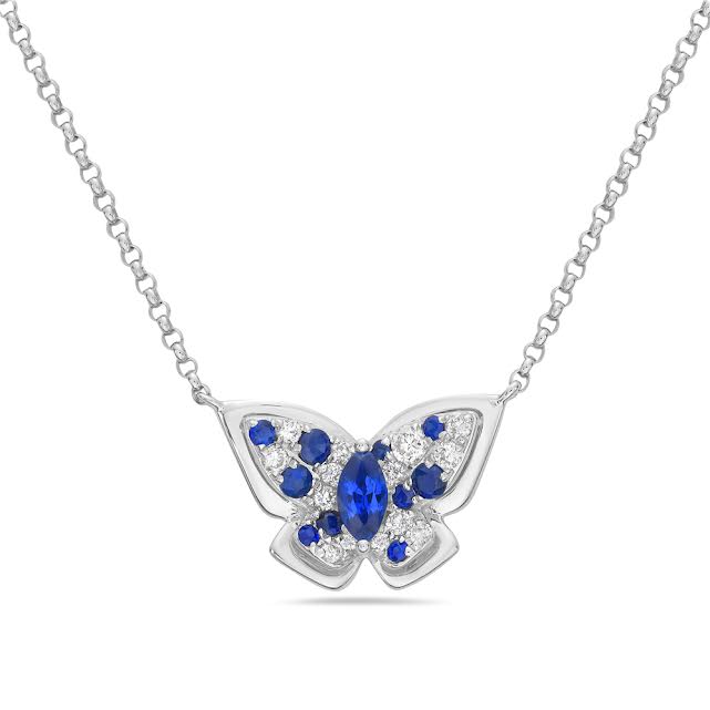 14k 15x11mm butterfly necklace with 14 diamonds 0.14ct & 11 blue sap[hires 0.38ct 18 inches