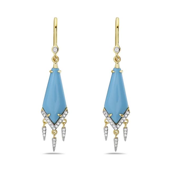 14K DROP EARRINGS WITH 46 DIAMONDS 0.175CT & 2 RECON TURQUOISE, 22MMX13MM