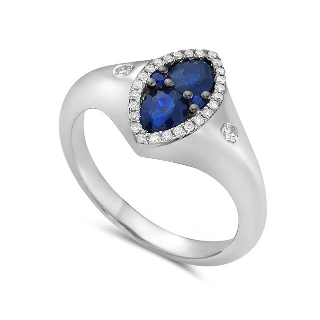 14k 12x8 marquise shape ring with 28 diamonds 0.13ct & 4 sapphires 0.97ct
