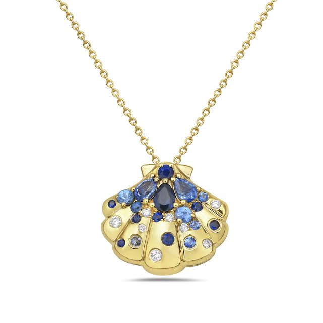 14k 1x16mm shell pendant 8 diamonds 0.09ct & 18 fancy sapphires 0.96ct on 18 inches cable chain