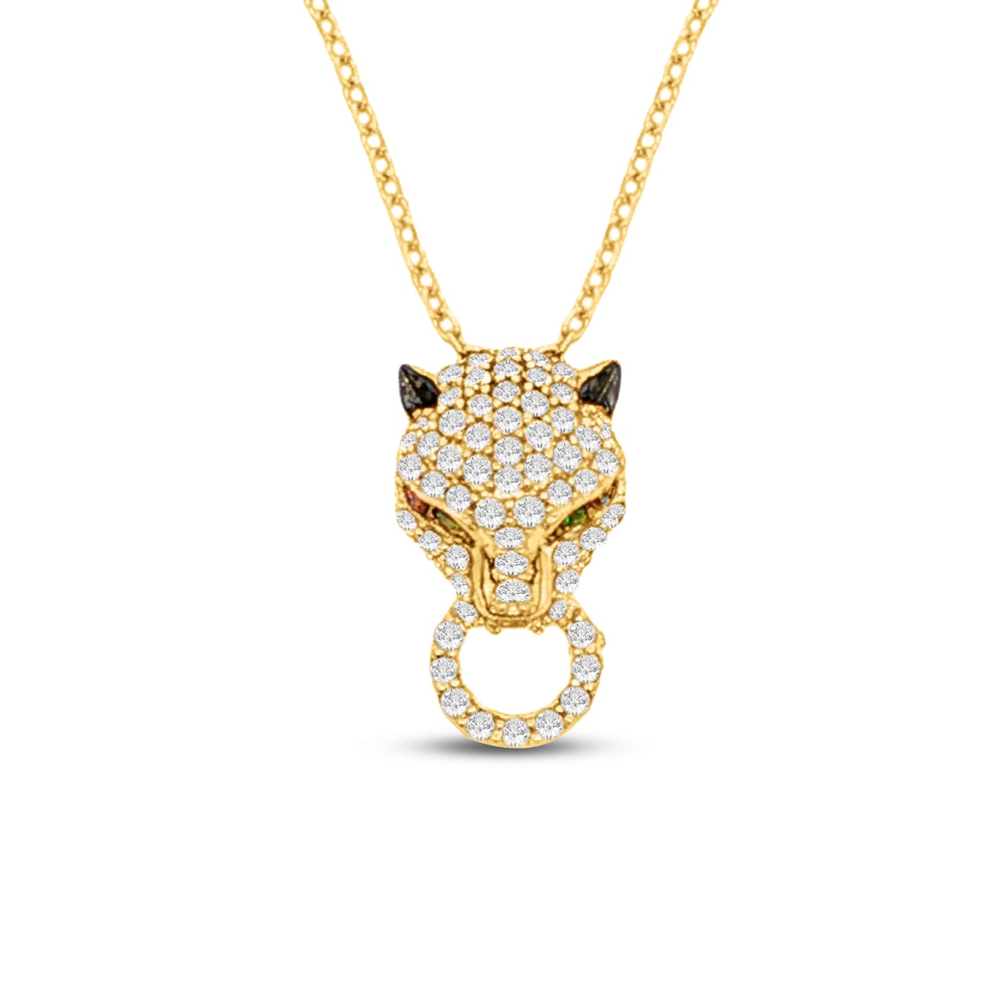 14k 18x9mm panther pendant with 70 diamonds 0.46ct & 2 emeralds 0.01ct on 18 inches chain