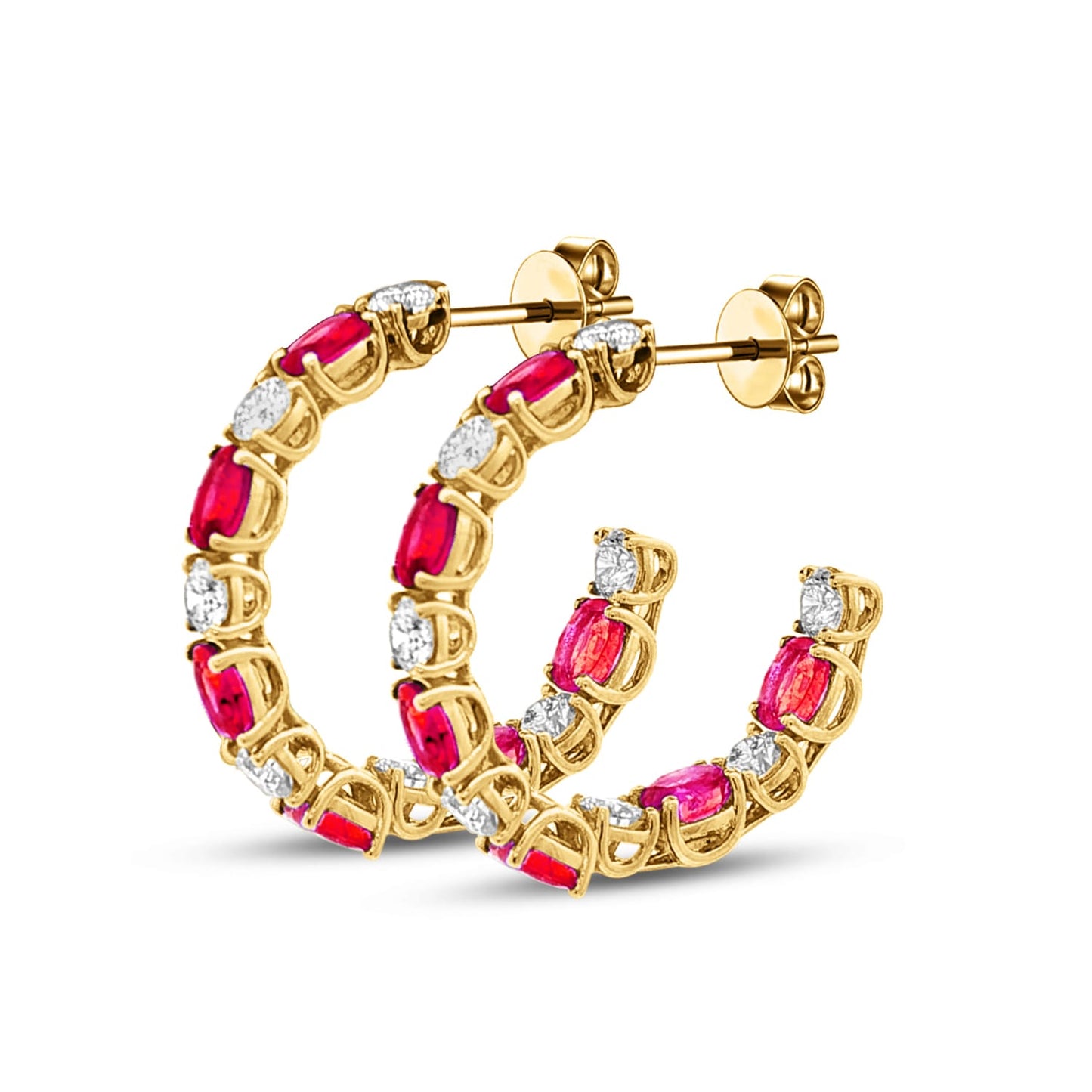 14k 3mm hoop earrings with diamonds 1.26ct & rubies 2.38ct
