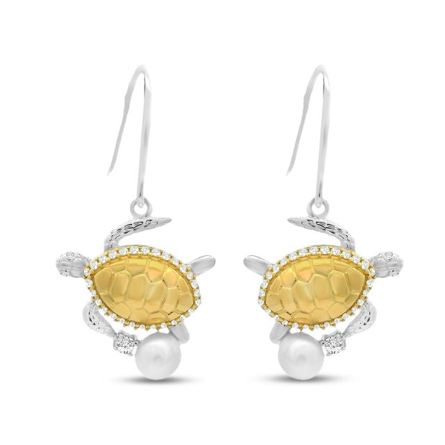 18mm x 16mm Sterling silver and gold plated turtle earring with faux pearl and cz's