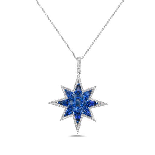 14KW 35MM STAR PENDANT WITH 120 DIAMONDS 0.60CT, 15 BLUE SAPPHIRES 3.83CT & BLUE RHODIUM ON 18 INCHES CABLE CHAIN