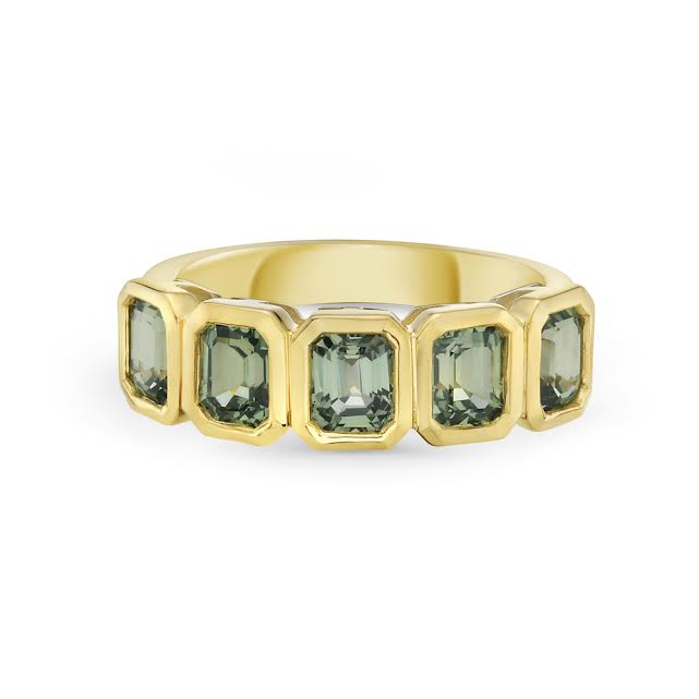 14ky 6.5mm band with 5 fancy green sapphires 3.13ct