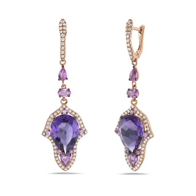 14k 56x17mm drop earrings with 2 amethyst 11.20ct, 16 pink sapphire 2.06ct & 110 diamonds 0.88ct