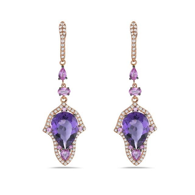 14k 56x17mm drop earrings with 2 amethyst 11.20ct, 16 pink sapphire 2.06ct & 110 diamonds 0.88ct