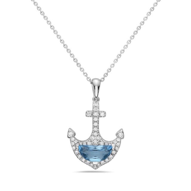 14k 21x17mm blue topaz 1.60ct anchor & 39 diamonds 0.26ct on 18 inches cable chain