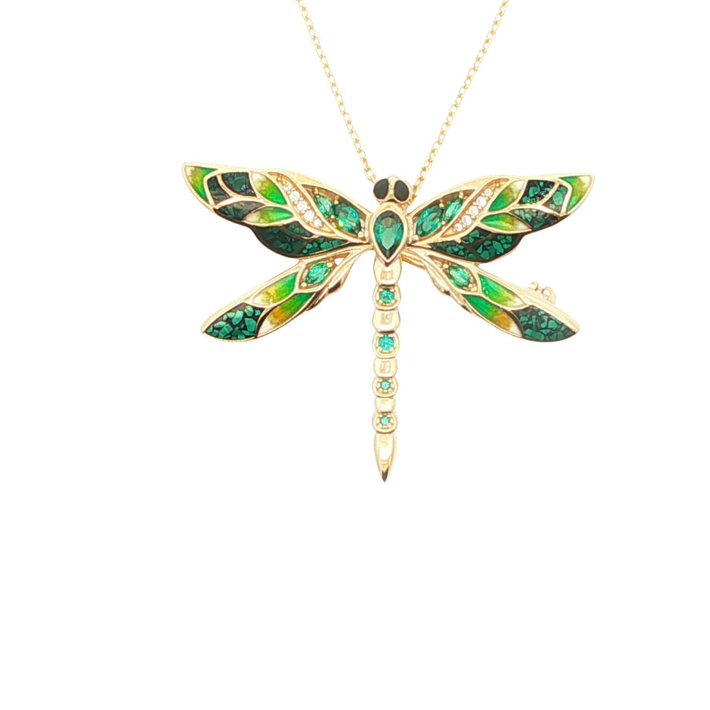 Gold plated sterling silver dragonfly brooch/pendant with shades of green and white inlay