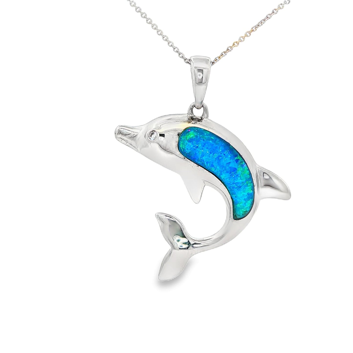 24mm x 24mm Sterling silver dolphin pendant with iridescent shell inlaid body.