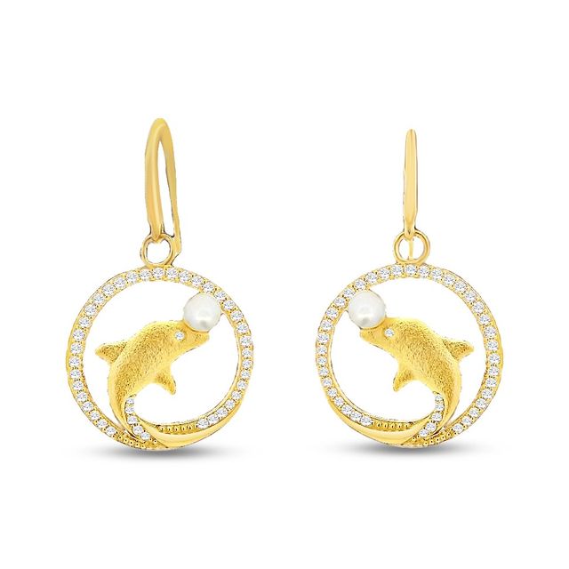 19mm round gold plated sterling silver dolphin earrings with faux pearl and cz's
