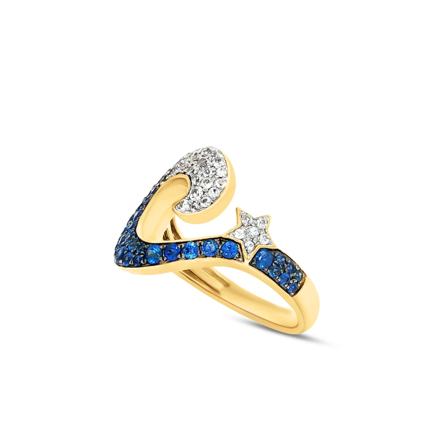 14k 15mm wide wave ring with starfish accent on the wave and with 45 blue sapphires 0.90ct & 44 white sapphires 0.53ct