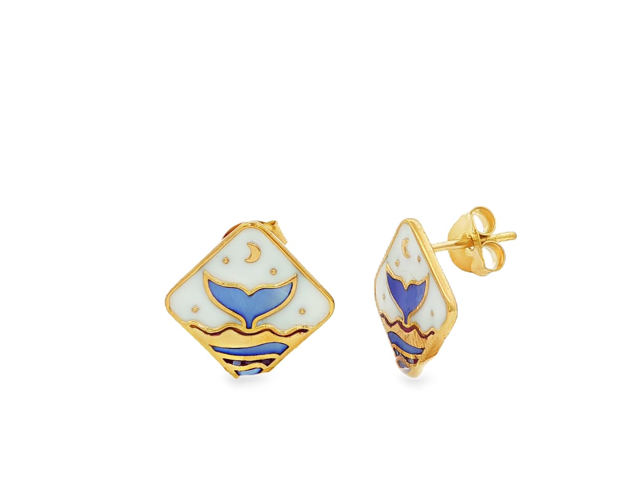 Gold plated sterling silver whale tale seascape earrings with iridescent inlay