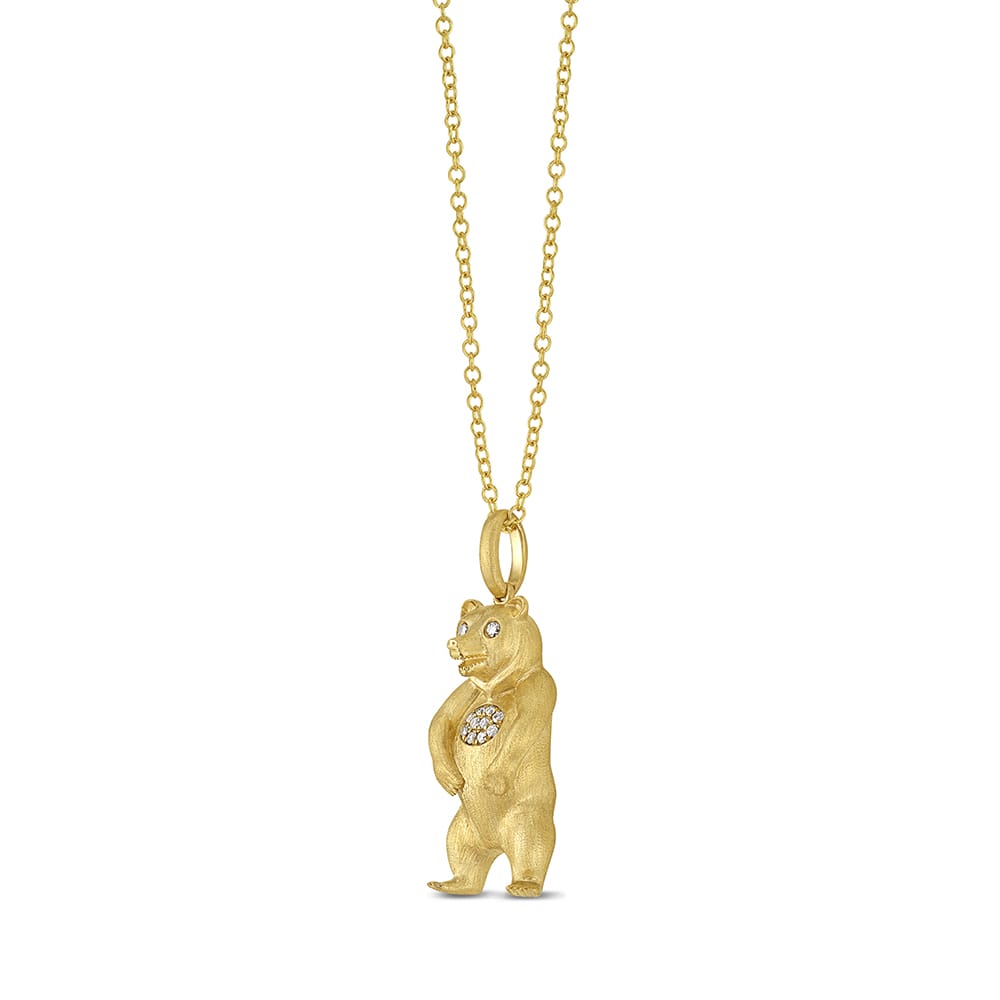 14k 20x10mm bear pendant with 12 brown diamonds 0.05ct on 18 inches cable chain