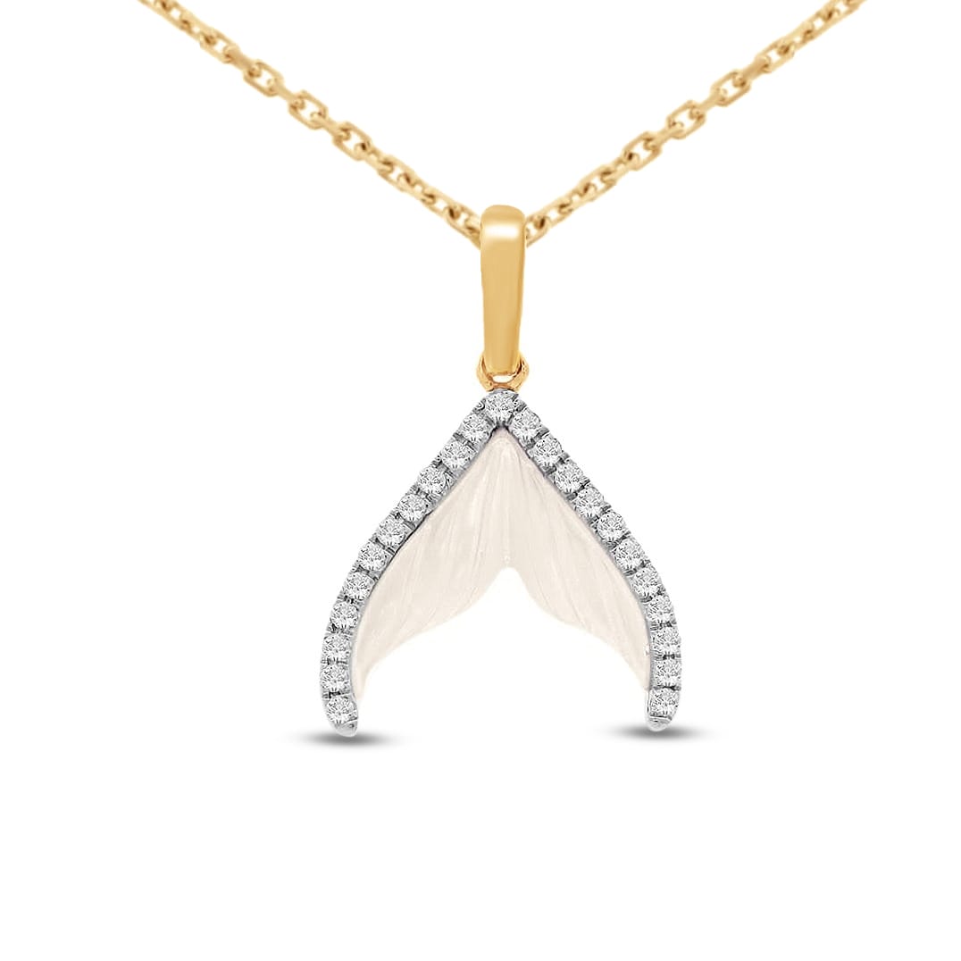 14KY MOP mermaid tail necklace set with 23 diamonds 0.12ct, on an 18-inch cable chain