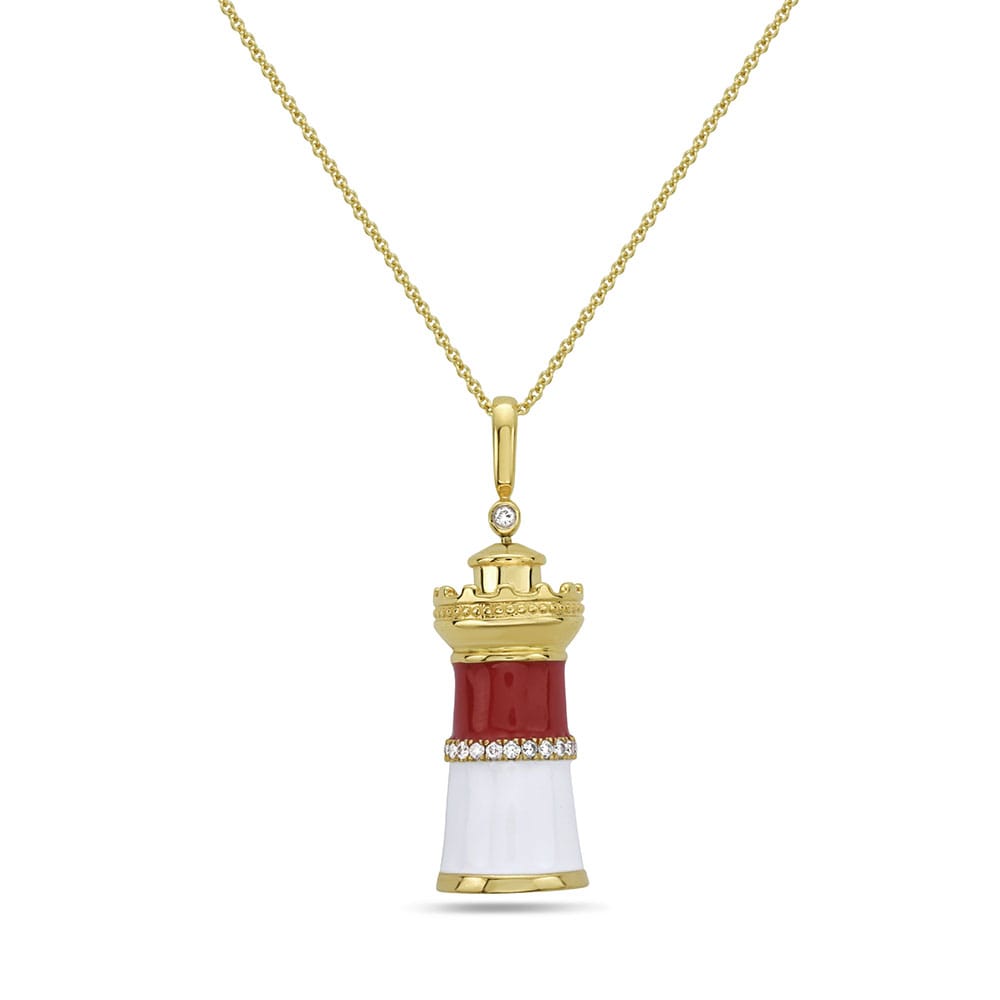 14k 22x10mm lighthouse pendant with 23 diamonds 0.14ct & red and white enamel on 18 inches cable chain