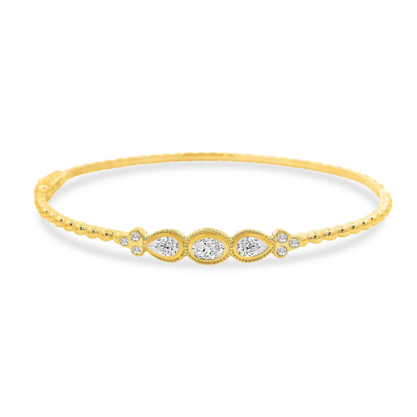 14k bangle with 6 round diamonds 0.10ct, 2 pear 0.32ct & 1 oval 0.24ct, tw 0.66ct