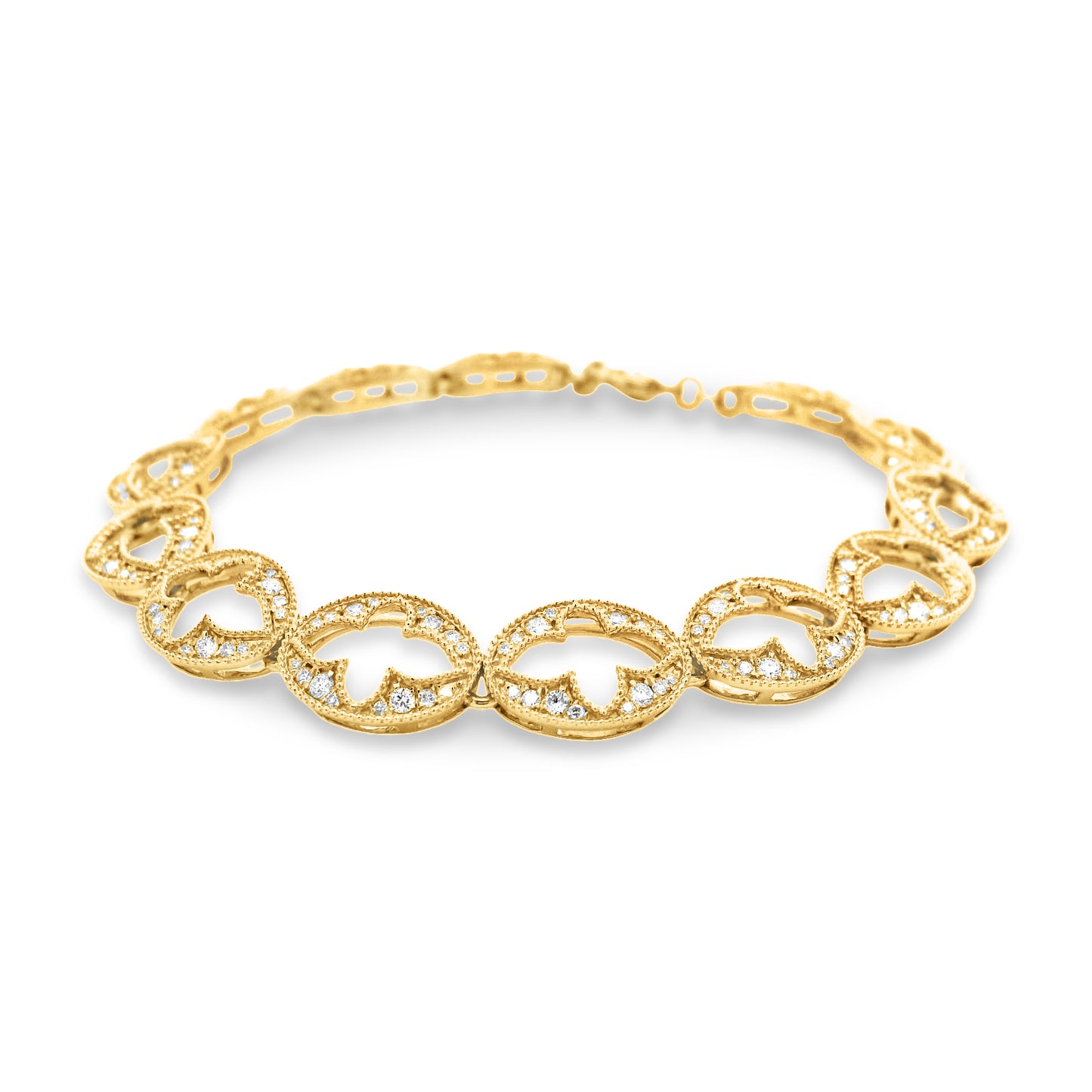 14KY 10mm Flower motif bracelet with 208 round diamonds 1.58ct