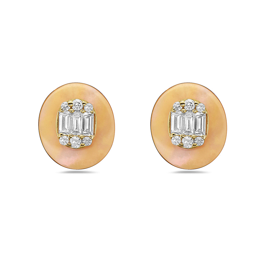 14K YELLOW MOTHER OF PEARL STUD EARRINGS WITH 18 DIAMONDS 0.133CT AND 6 BAGUETTE DIAMONDS