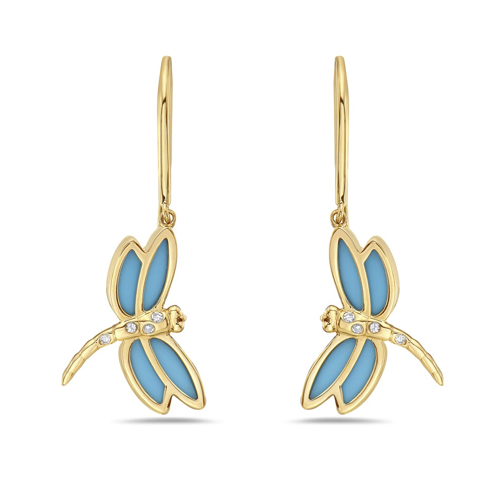 14K DRAGON FLY EARRINGS WITH RECON TURQUOISE AND 8 DIAMONDS 0.06CT, 18MMX12MM