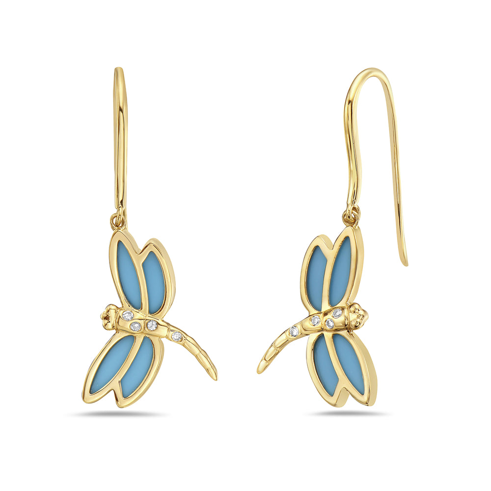 14K DRAGON FLY EARRINGS WITH RECON TURQUOISE AND 8 DIAMONDS 0.06CT, 18MMX12MM