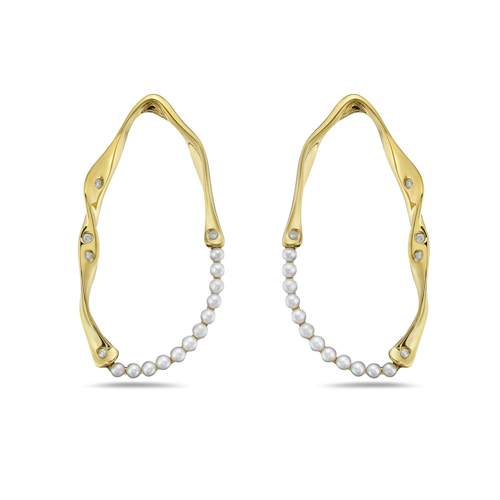 14K FREE FORM HOOP WITH 10 DIAMONDS 0.09CT & 24 FRESH WATER PEARLS, 39X20MM