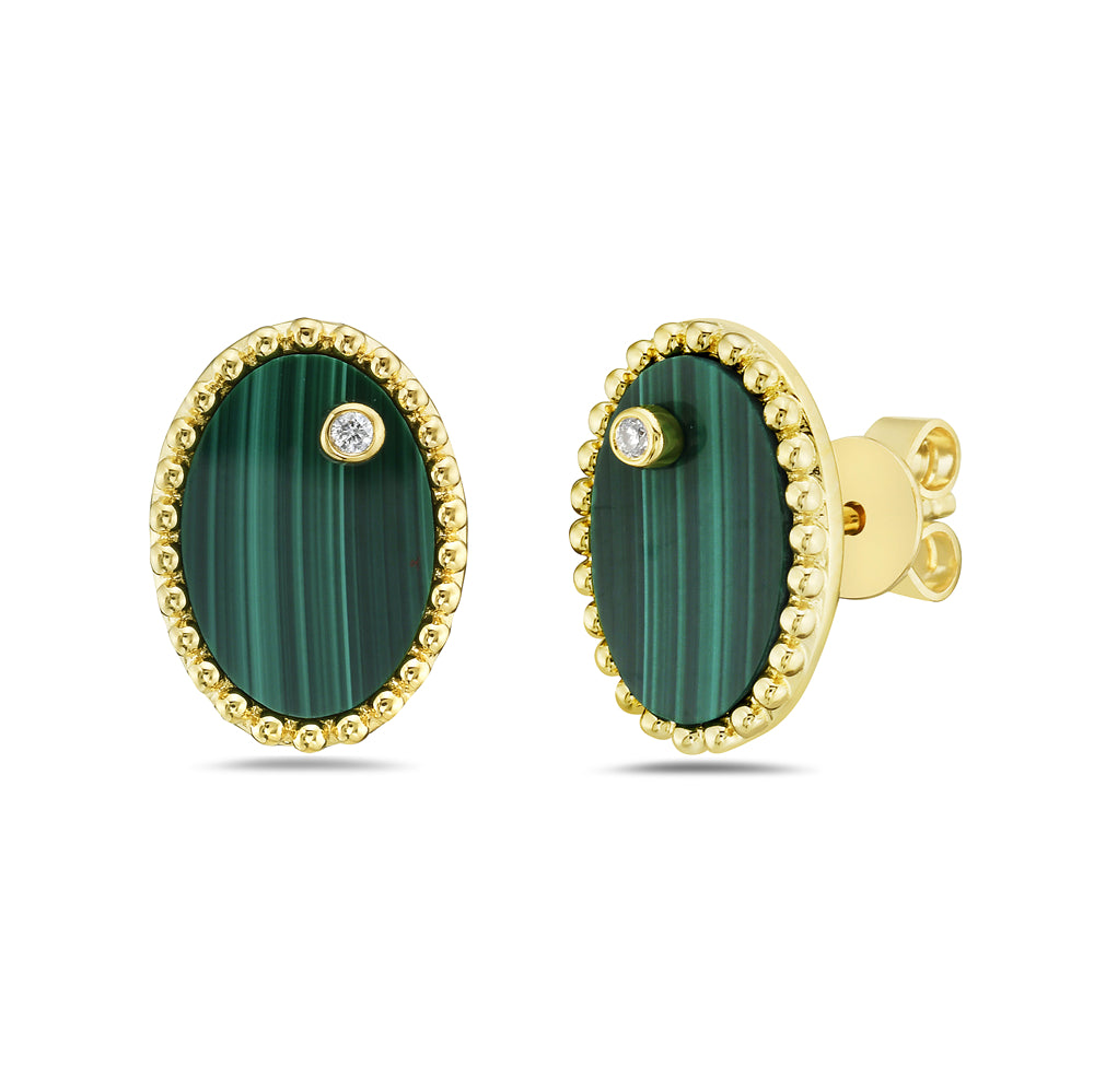 14K OVAL MALACHITE EARRINGS WITH 2 DIAMONDS 0.02CT, 13X9MM