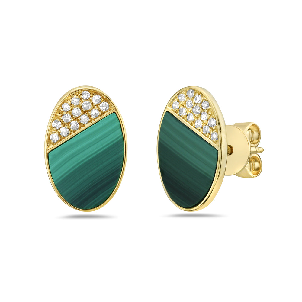 14K OVAL MALACHITE EARRINGS WITH 28 DIAMONDS 0.09CT, 12X8MM