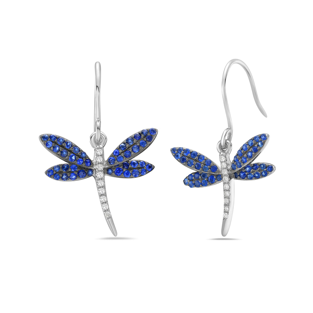 14KW 18 DIAMONDS 0.05CT, 84 SAPPHIRES 0.46CT DRAGON FLY EARRINGS