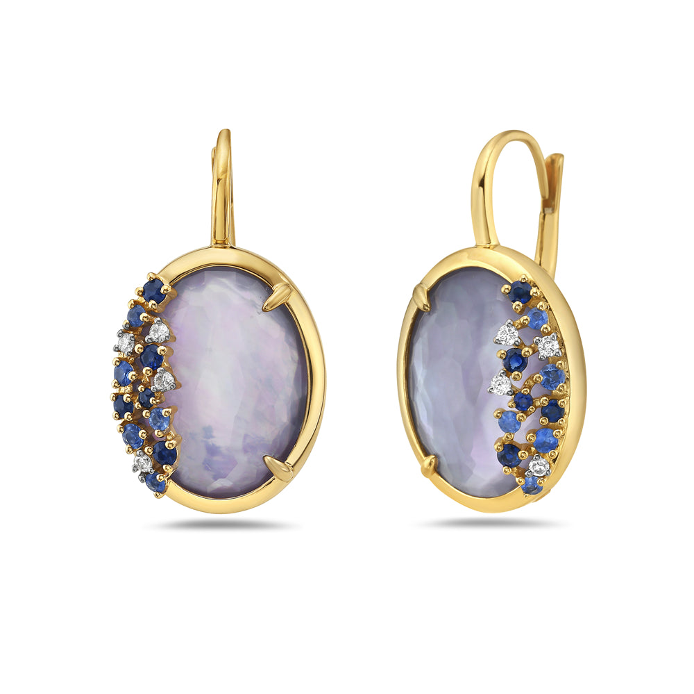 14K OVAL WIRE TRIPLET EARRINGS. FLAT LAPIS, MOTHER OF PEARL IN THE MIDDLE AND FACETED LIGHT AMETHYST. WITH ACCENTS OF DIAMONDS AND SAPPHIRES