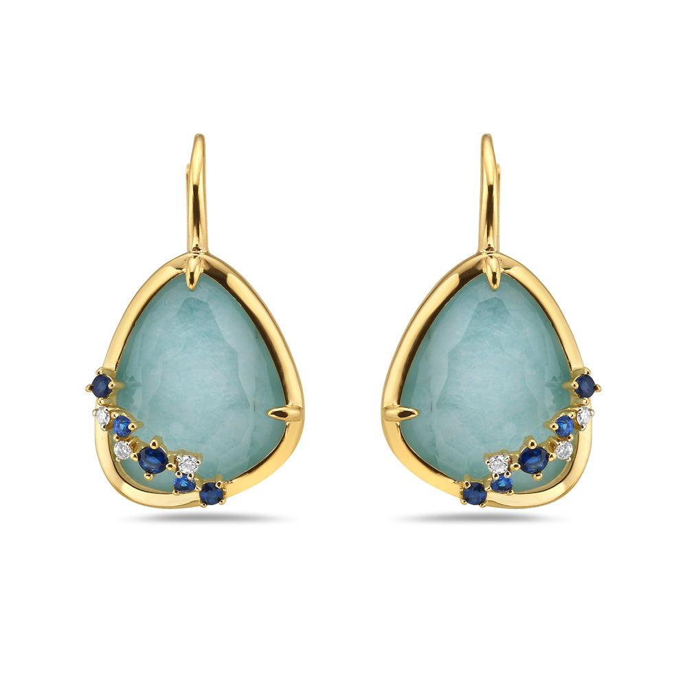 14K DOUBLET EARRINGS IN 2 AMAZONITES AND 2 CLEAR QUARTZ WITH 6 DIAMONDS 0.070CT AND 6 BLUE SAPPHIRES 0.36CT ON TOP