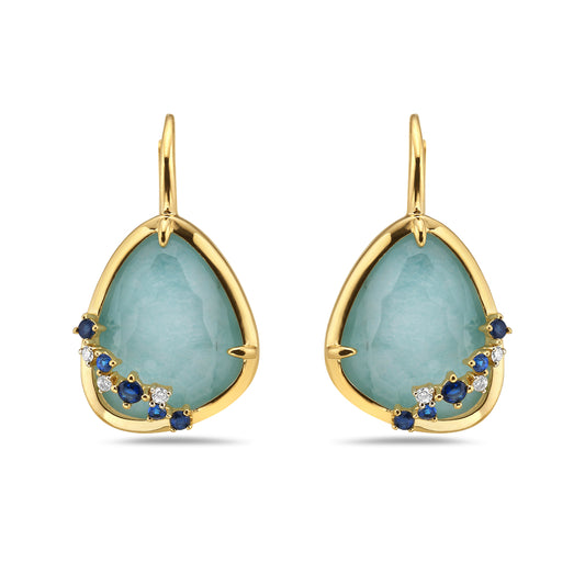 14K DOUBLET EARRINGS IN 2 AMAZONITES AND 2 CLEAR QUARTZ WITH 6 DIAMONDS 0.070CT AND 6 BLUE SAPPHIRES 0.36CT ON TOP