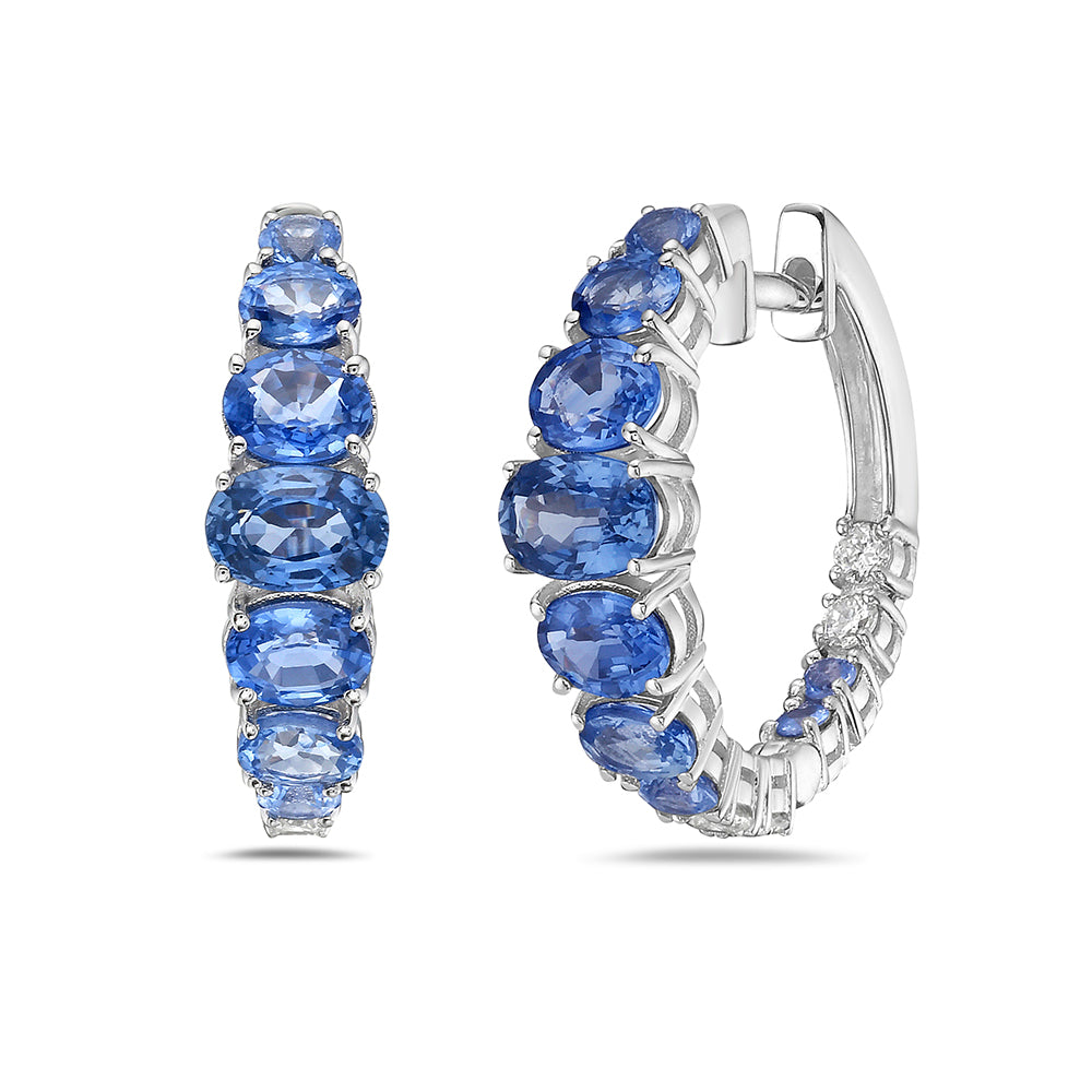 14K HOOP EARRINGS WITH 18 FANCY SAPPHIRES 4.70CT & 8 DIAMONDS 0.41CT, 24MM