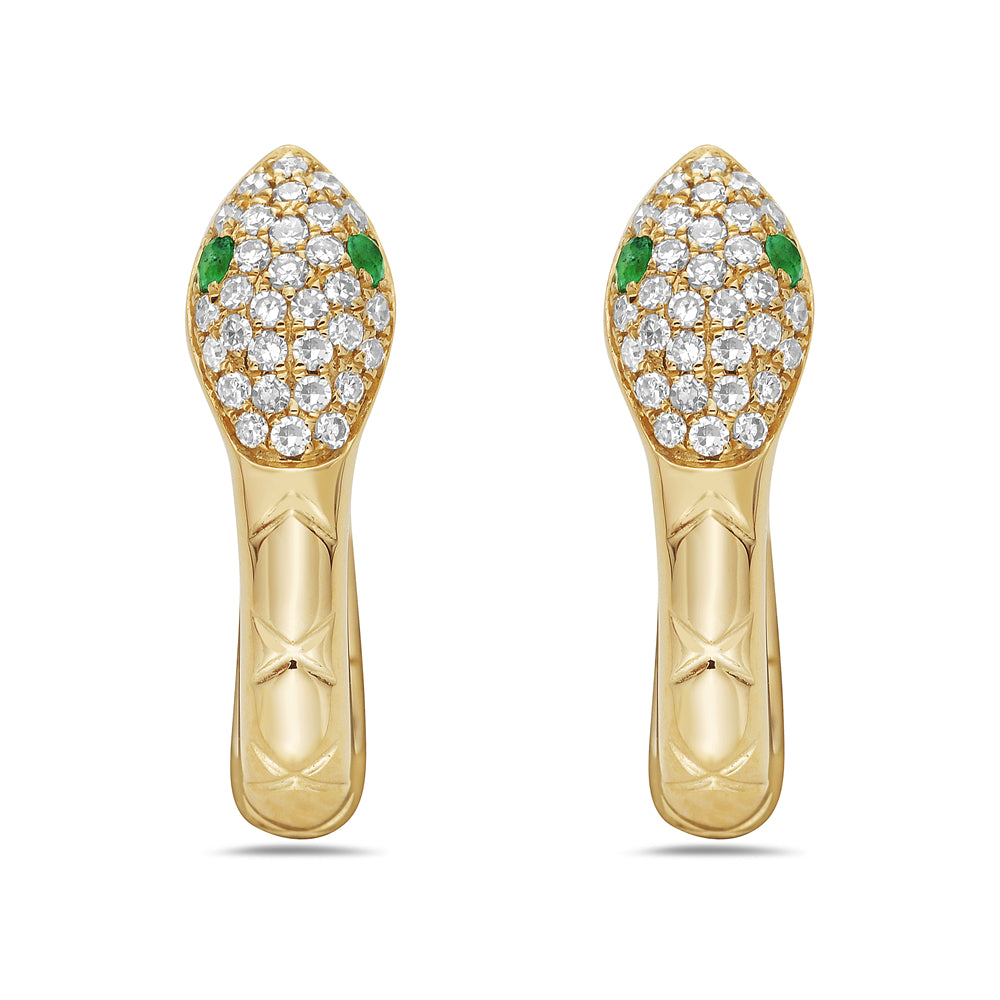 14k 19mm snake hoop earrings with 62 diamonds 0.21ct & 4 emeralds 0.06ct