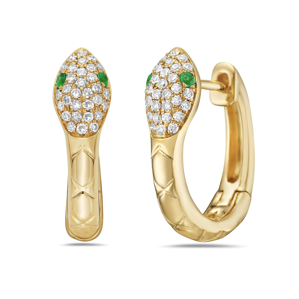14k 19mm snake hoop earrings with 62 diamonds 0.21ct & 4 emeralds 0.06ct