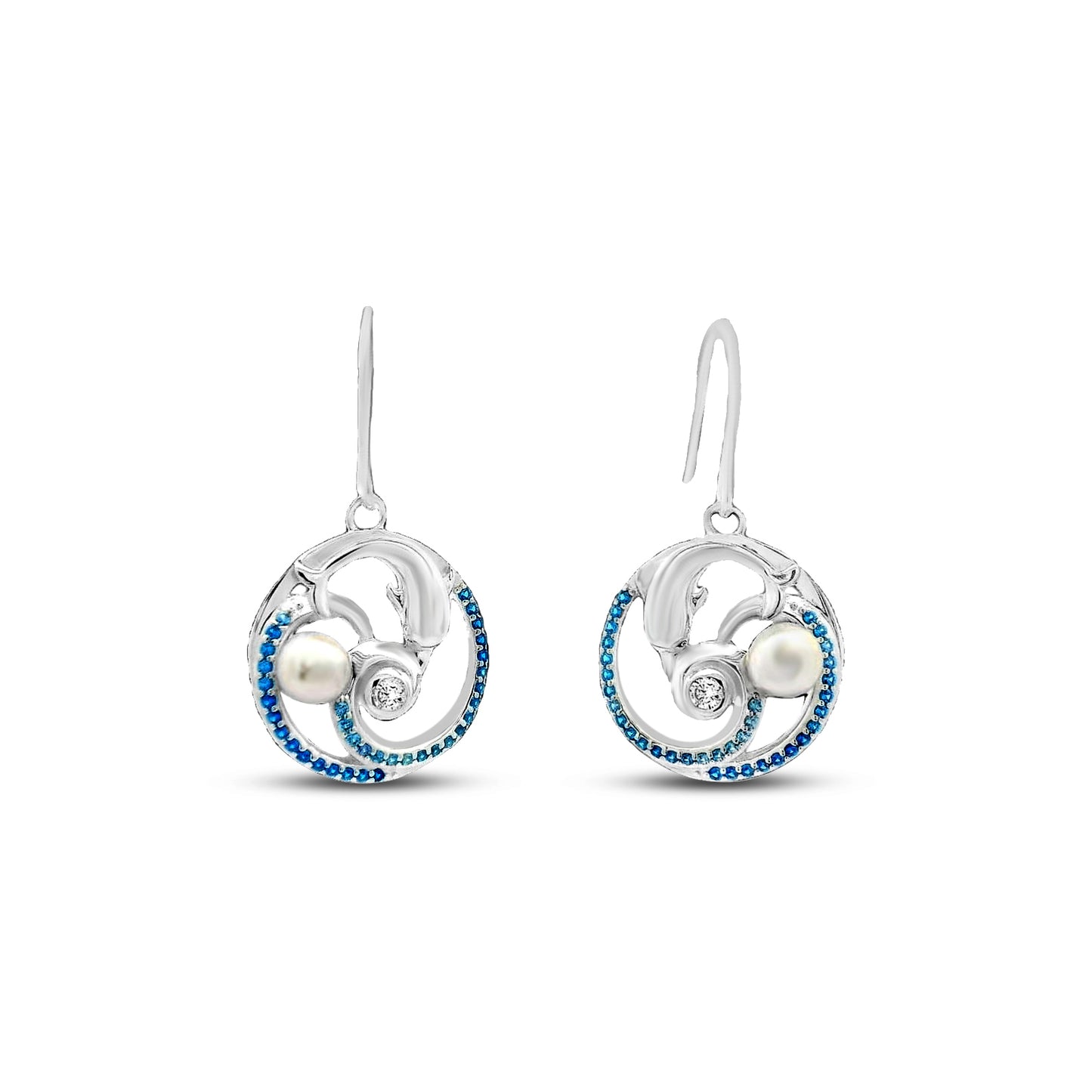 18mm round sterling silver wave & dolphin earrings with blue stones and faux pearl