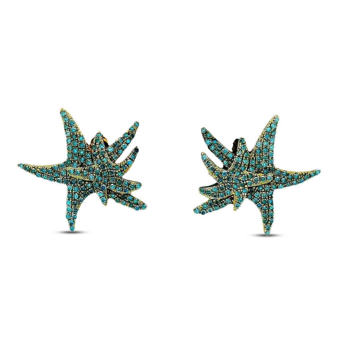15mm 14K starfish earrings with blue diamonds 0.36ct