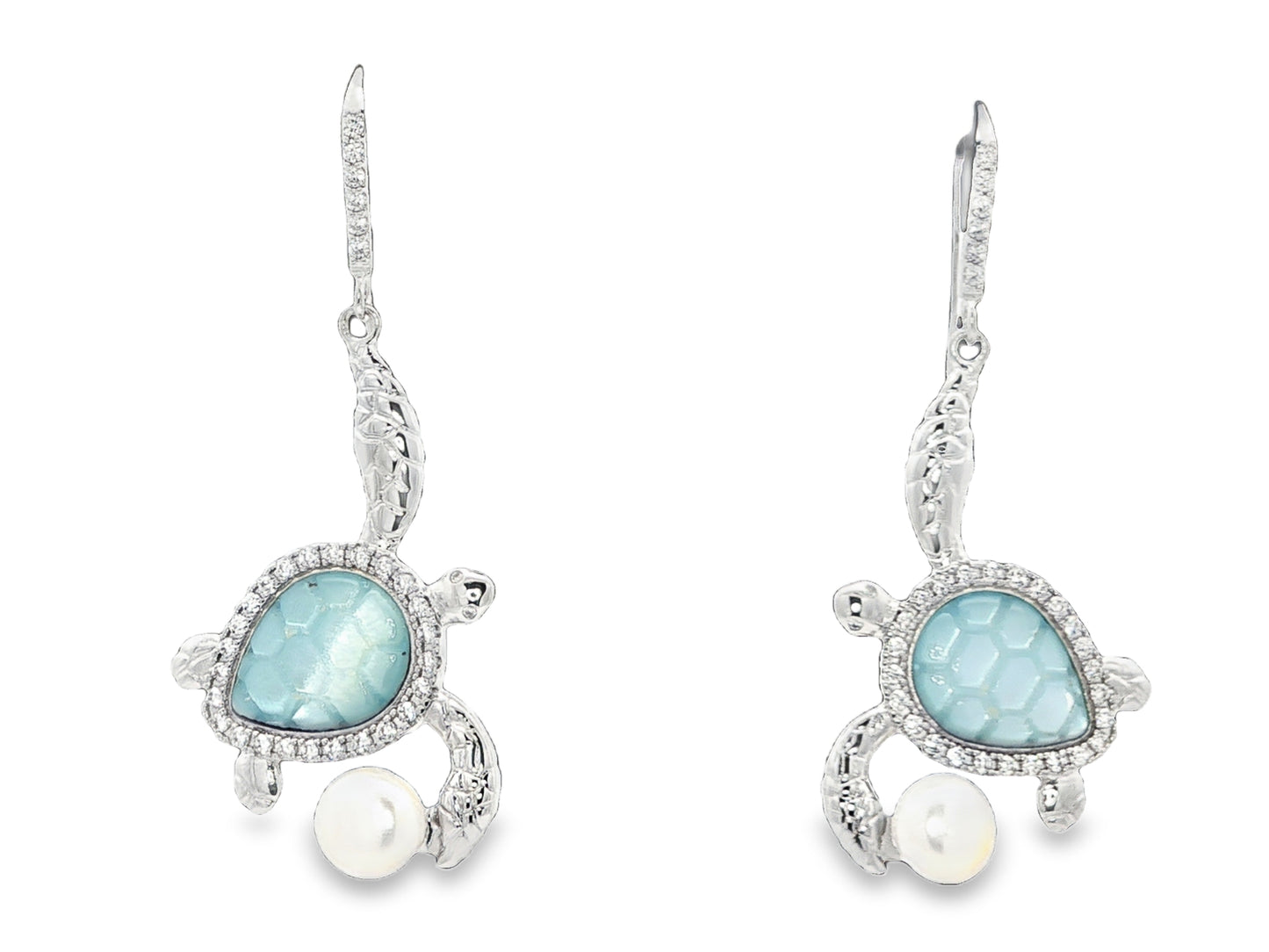 49mm x 22mm Rose gold plated sterling silver turtle earrings with iridescent center , cz trim, and faux pearl