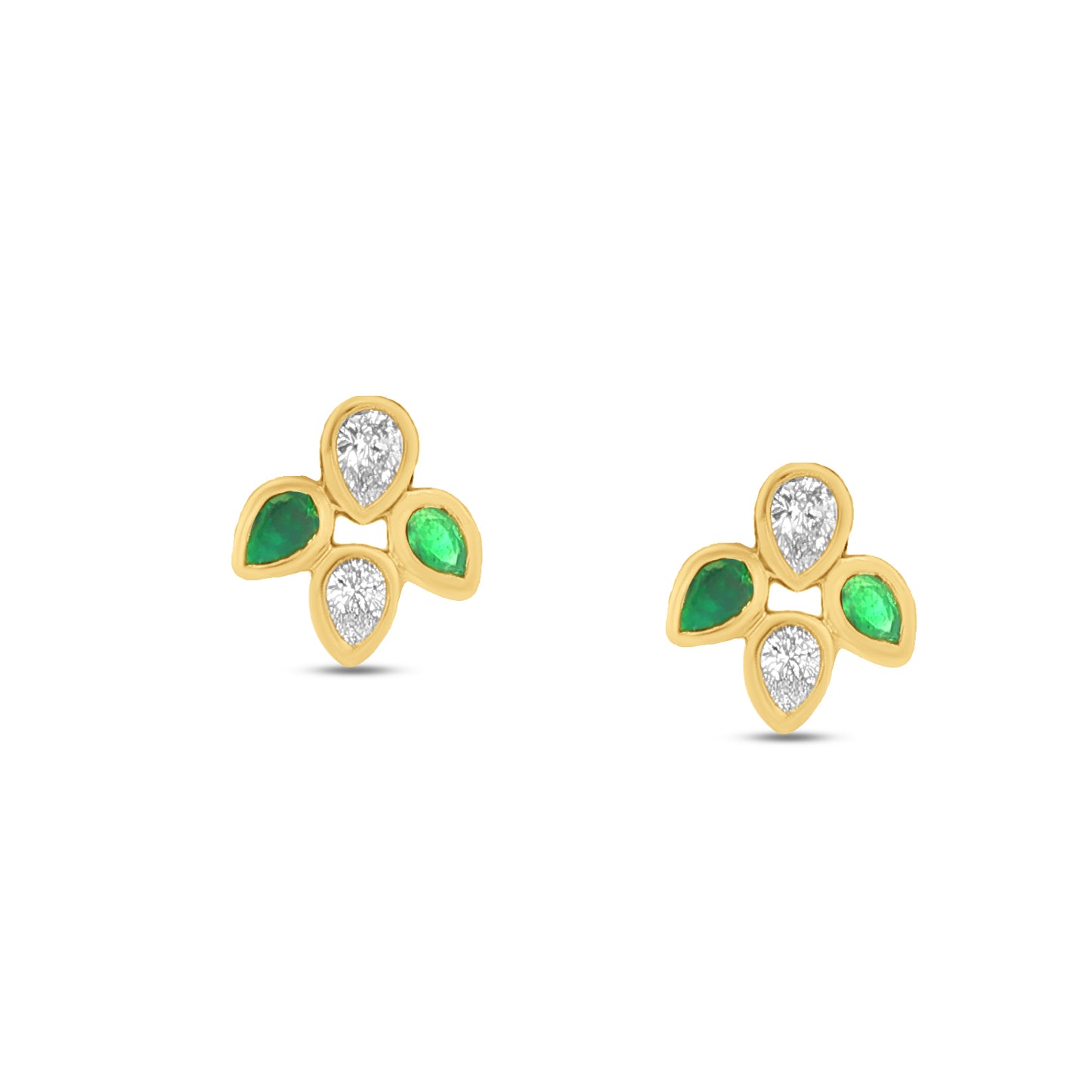 14k 9mm Bezel set earrings, 4 pear shape emeralds 0.33ct & 4 pear shape diamonds 0.30ct